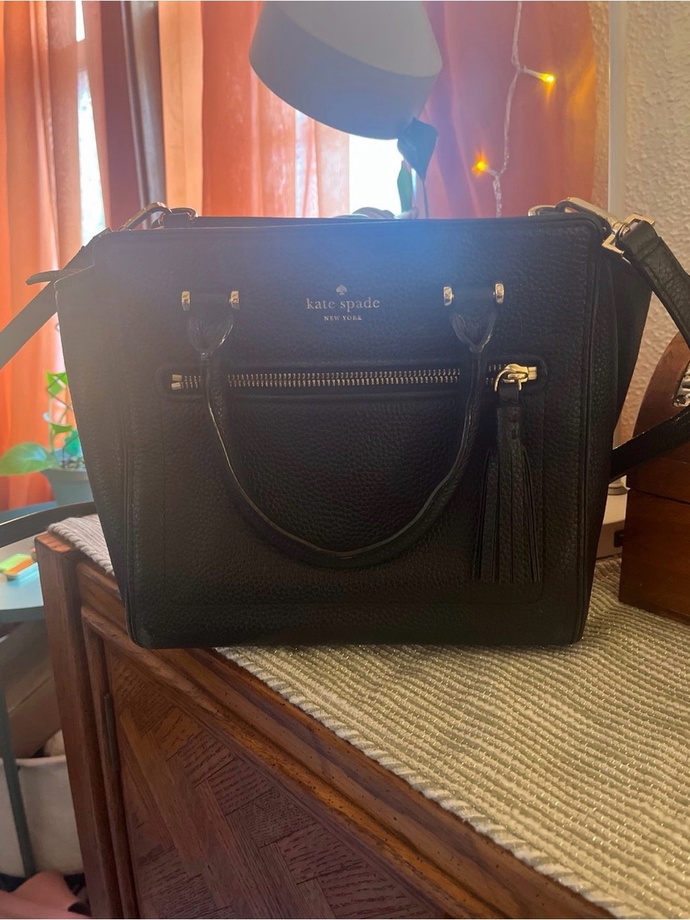 kate spade Black Pebbled Leather Satchel with Tassel